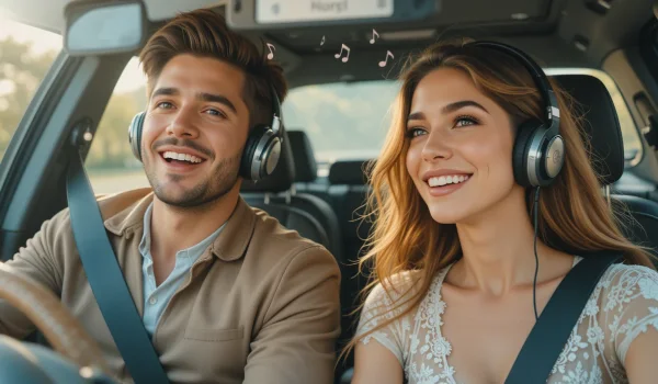 parajea de hombre y mujer escuchando musica en un coche , los dos estan muy sonrientes y felices, hay notas musicales flotando en el ambiente