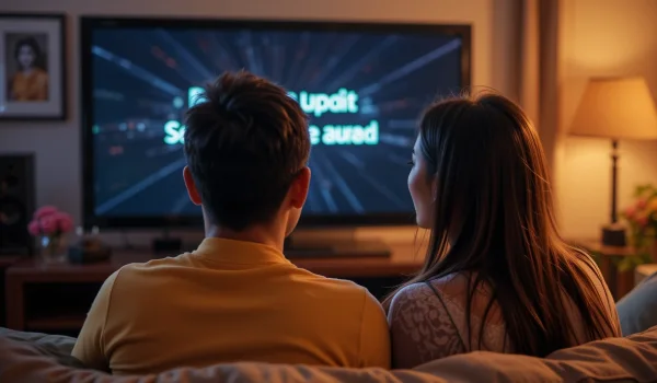pareja de personas viendo en la television un karaoke en que solo se ven letras, estan muy felices y contento